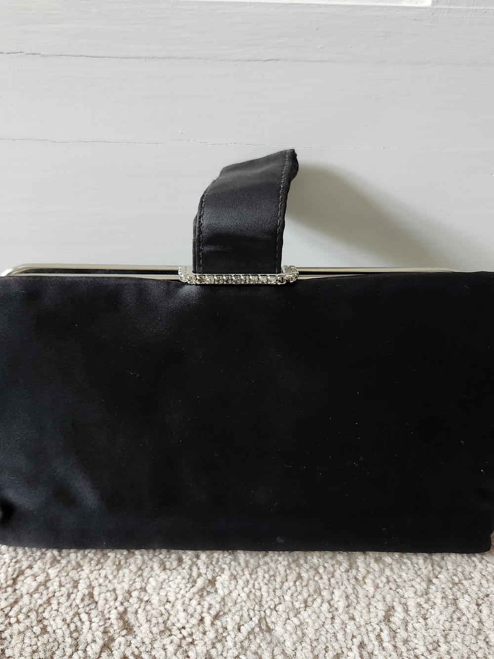 Vintage Black Satin Clutch with Crystal Bar